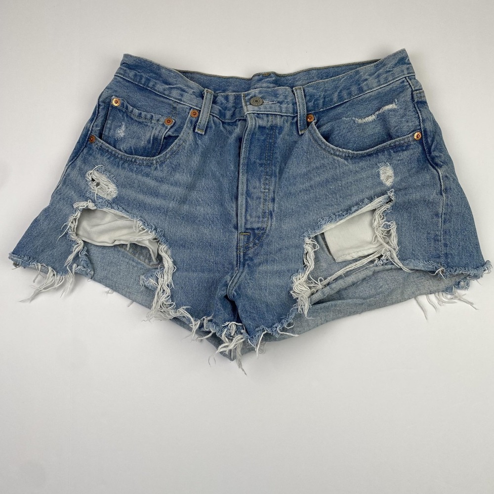 Levis 501 Premium Shorts Womens W30 (30x2) Blue Denim Distressed Cutoff Raw Hem